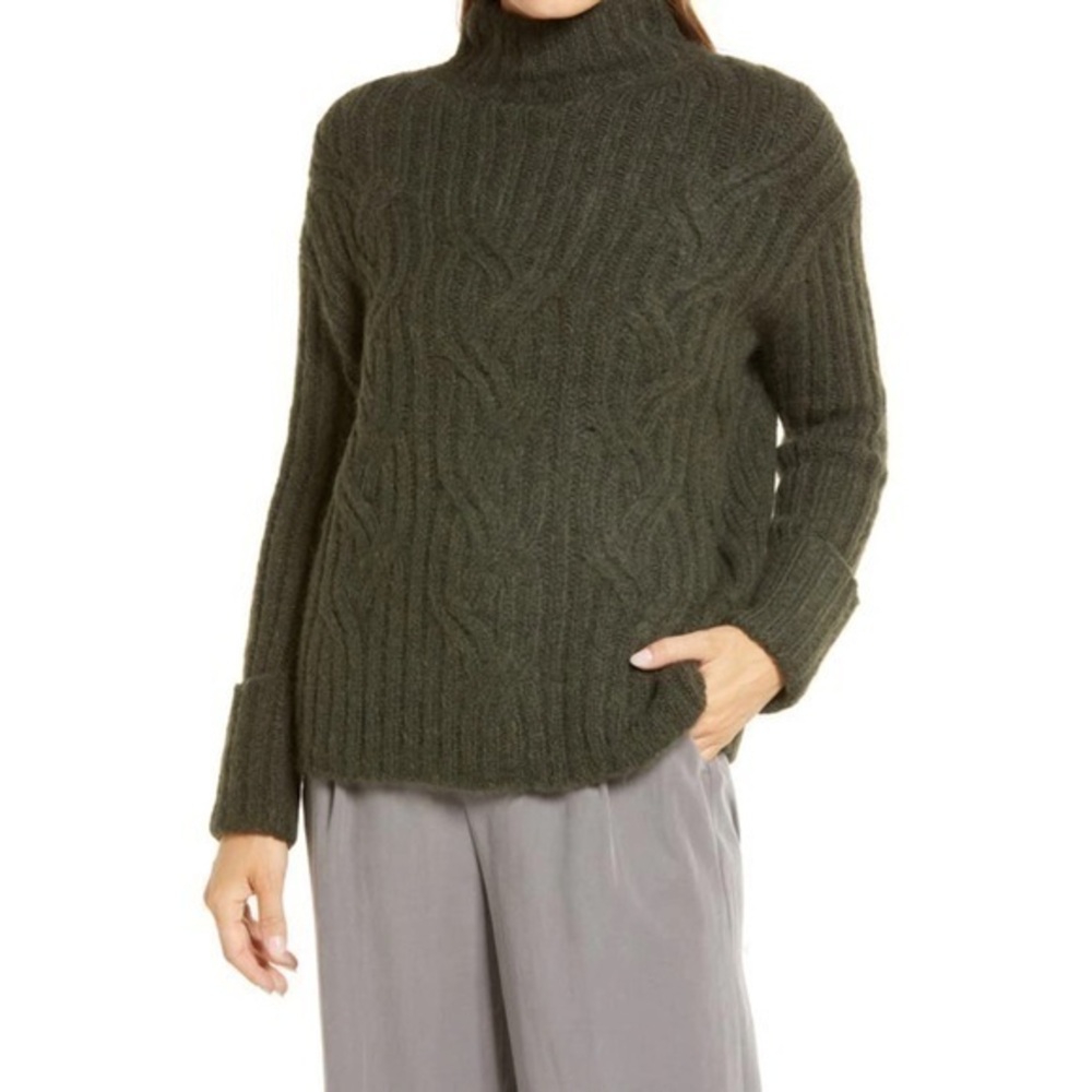 Vince Mirrored Cable Knit Alpaca Wool Blend Pine Green‎ Turtleneck Sweater XL